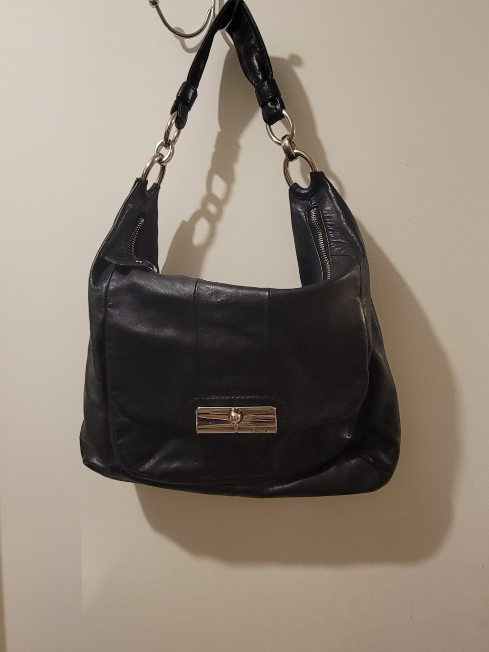 Coach Black Leather Shoulder Bag with Metal Accent